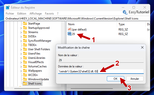 shell icons valeur chaine 29 shell32 dll 50