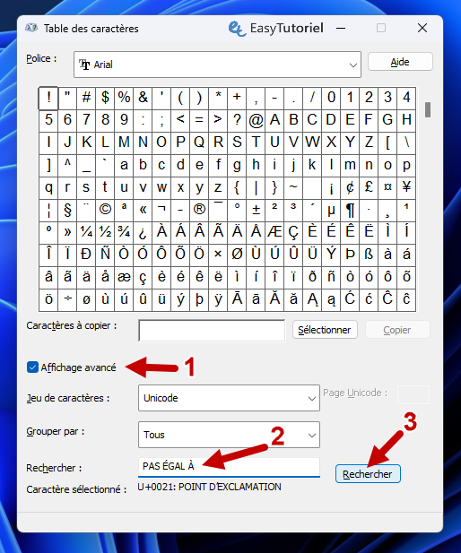 table des caracteres pas egal a