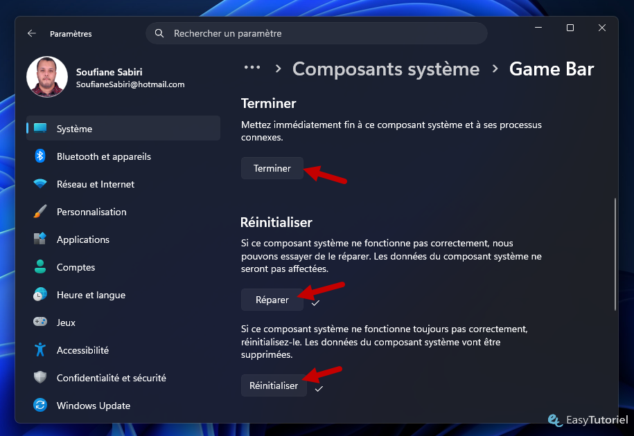 terminer reparer reinitialiser xbox game bar