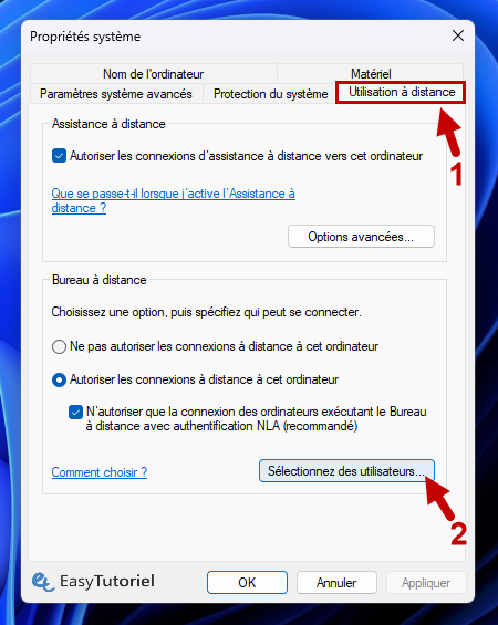 utilisation a distance selectionner des utilisateurs proprietes systeme