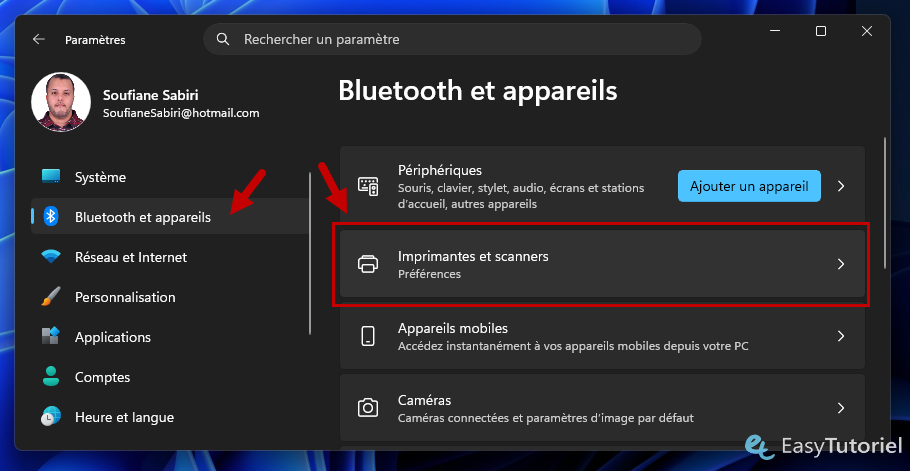 winI parametres imprimantes et scanners
