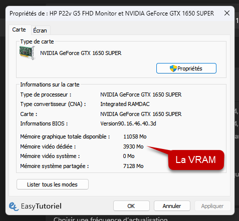 proprietes de hp p22v g5 vram