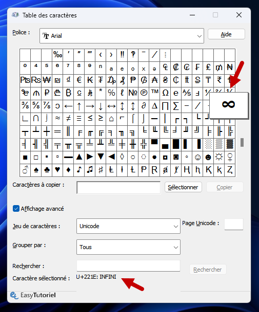 symbole signe infini table des caracteres windows