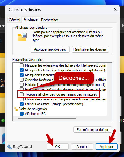 options des dossiers parametres avances toujours afficher des icones jamais des miniatures