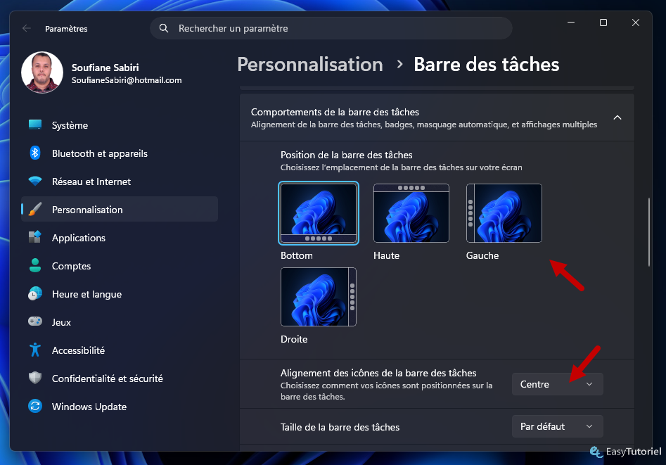 position de la barre des taches
